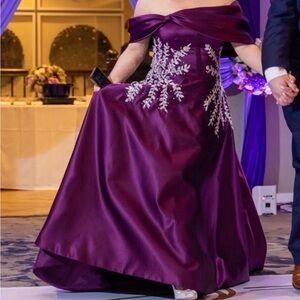 Off-Shoulder Plum Satin Prom Gown with Silver Leaf Embroidery
